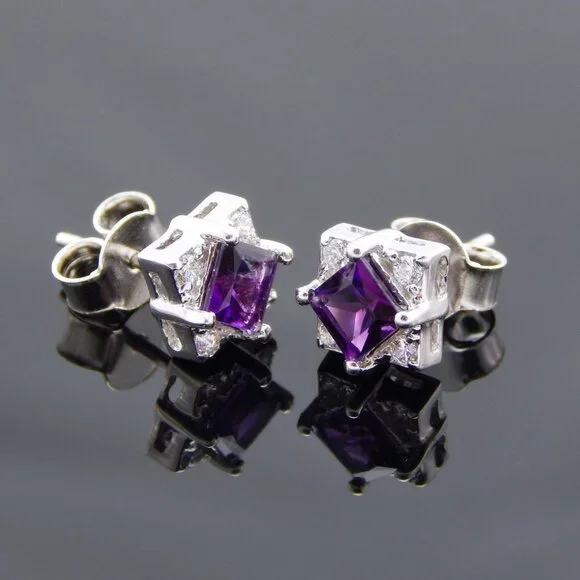 Genuine Amethyst Cushion Cut Earrings in 925 Sterling Silver - Picture 5 of 6